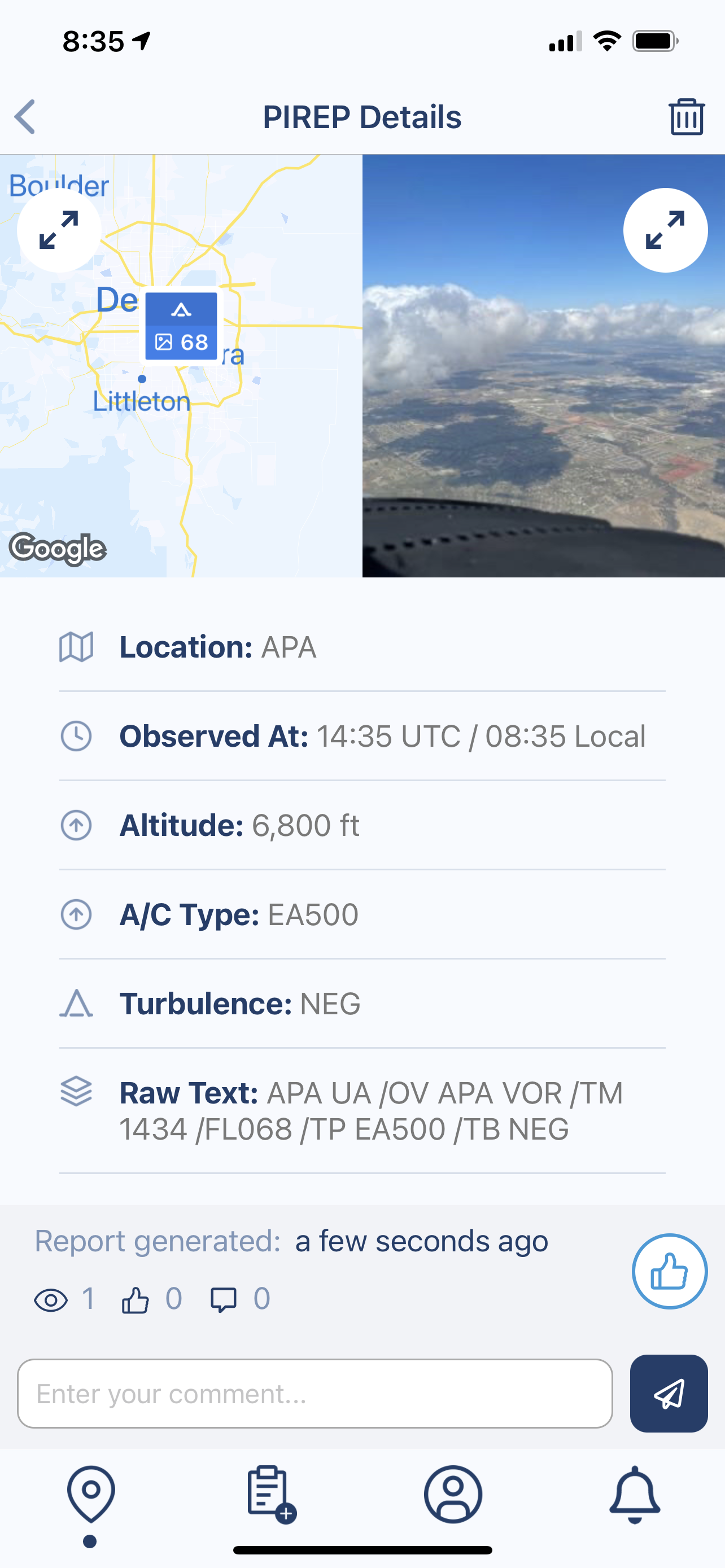 Virga PIREP Details Screen